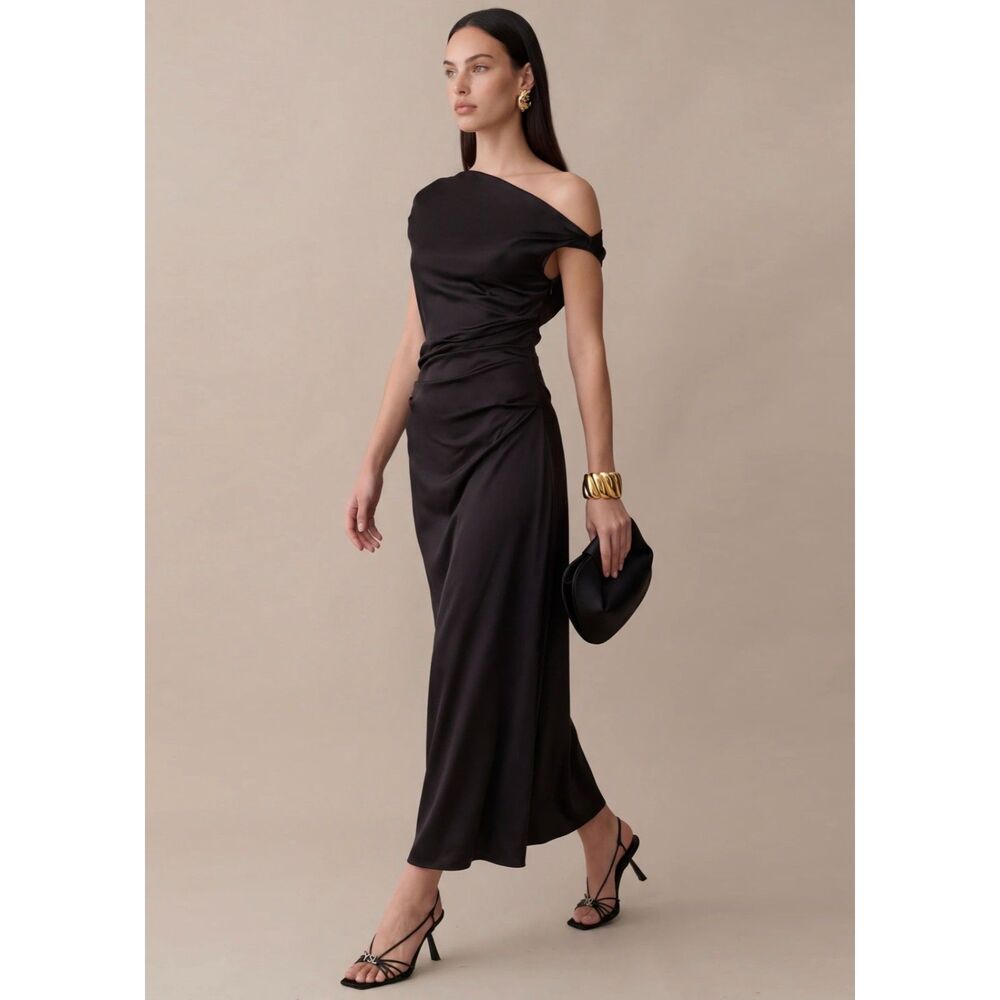 Few Moda o.pt. Celia Black Satin Asymmetrical Midi Dress Women's 4 NWT